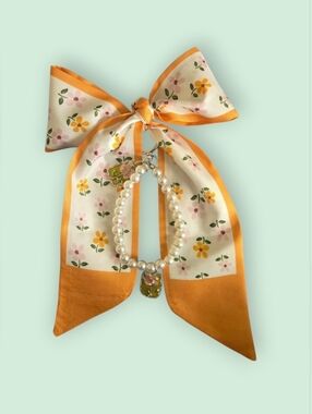Yellow Floral Ribbon Scarf & Pearl Keychain Set
